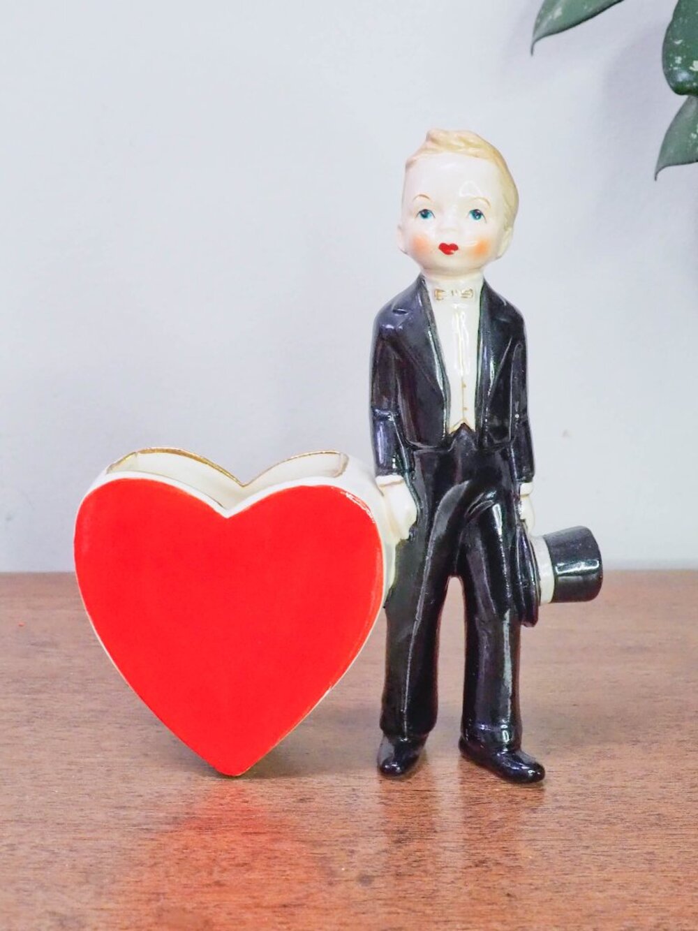 Vtg Ceramic Valentines Tuxedo Boy and Heart Planter - Vintage Rare Japan